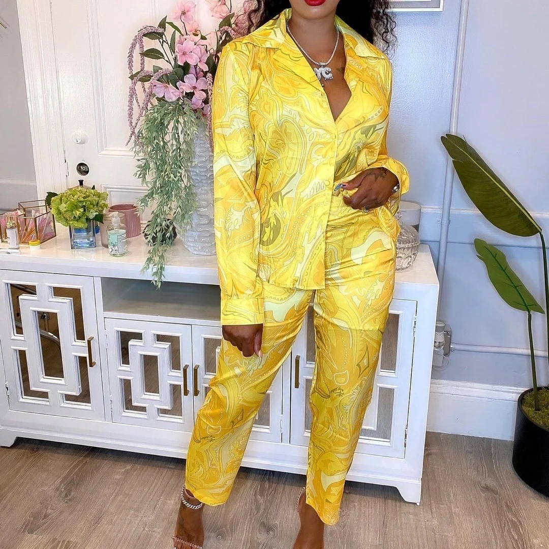 

New Luxury Vintage Full Printed Turned Down Collar Shirt High Waist Pants Matching Sets Fall Set Woman Two Piece Pants Set
