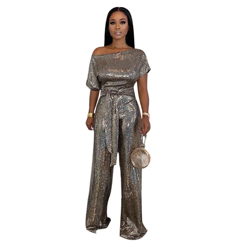 

Ladies Sexy Elegant One Piece Jumpsuit 2021 Romper Plus Size Off Shoulder Long Sleeve Sequin Jumpsuit Women