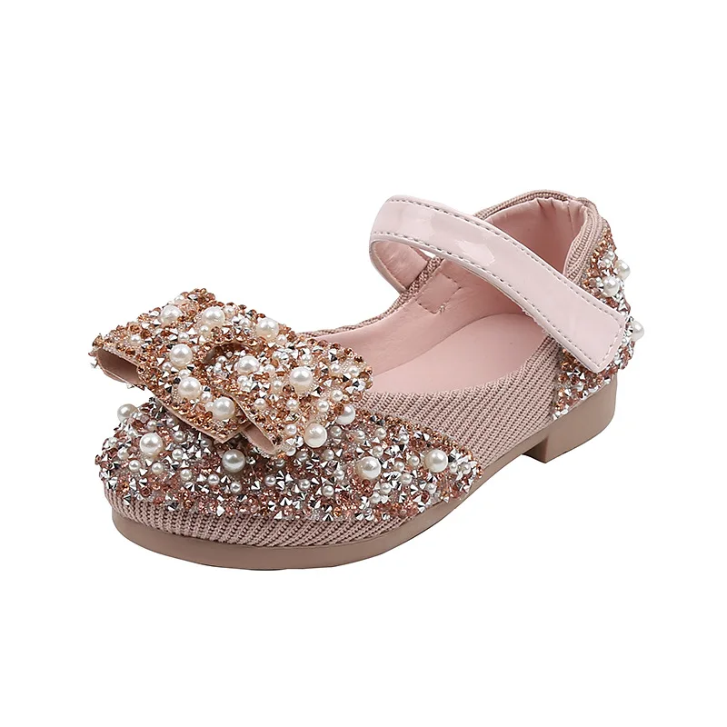 

New Girls' Crystal Sequin Low Heel Shoe Girl Princess Bow Spring Summer Girls Dress Shoes, Picture shows