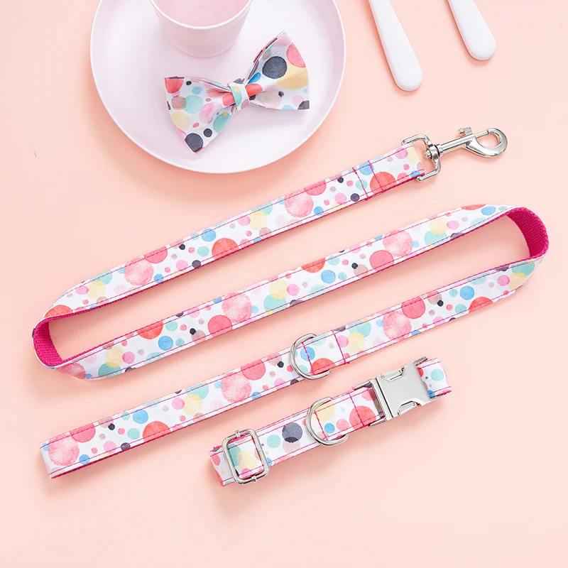 

Heyripet factory manufacturer petcollars pet supplies pink cute design colorful dot printing custom logo dog collar leash set, As photos