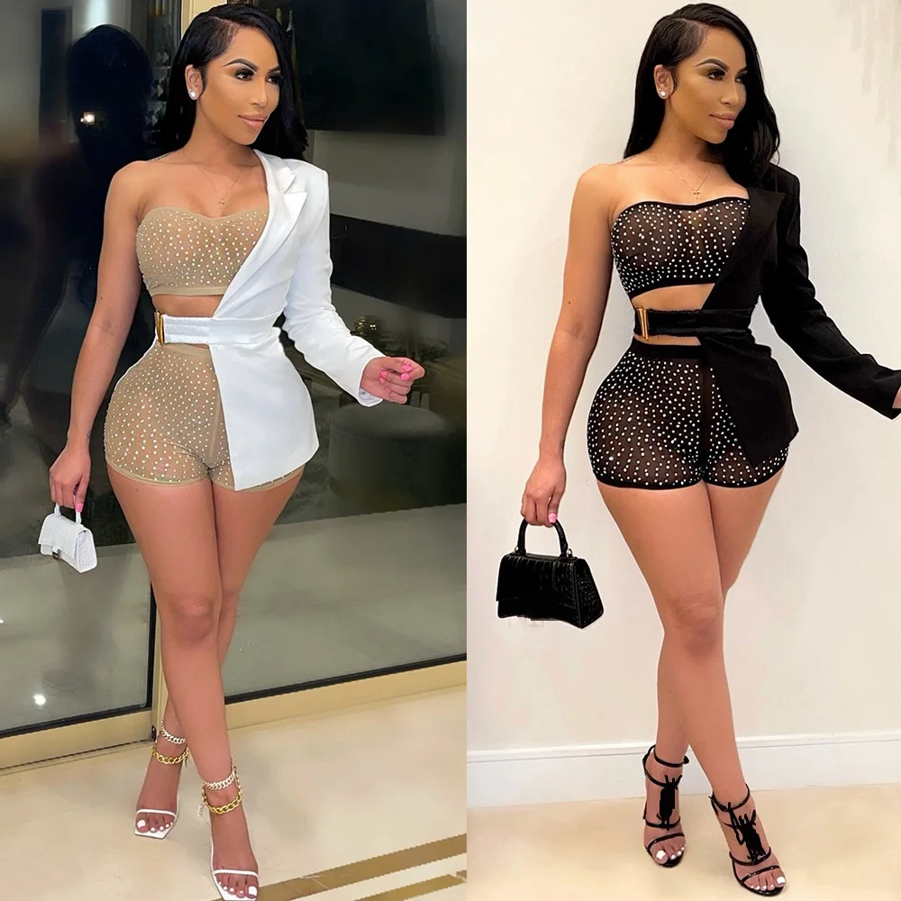 

H7090 - women sexy bandage sleeveless rhinestones tube top and short pants two piece set with coat