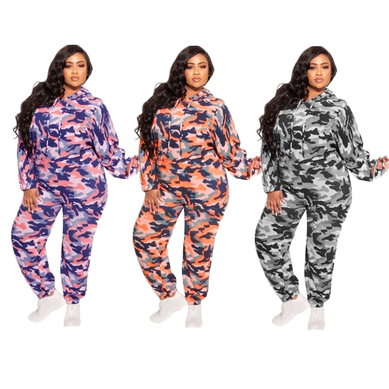 

Drop shipping plus size camouflage 2 piece winter set women two piece long sleeved and pants set, 3 colors