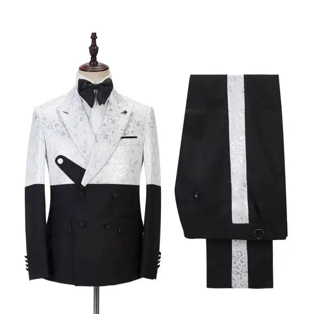 

Unique Design White and Black Men Suits Party Prom Slim Fit Tuxedo Groom Terno Masculino Blazer 2 Pcs Costume Homme Wedding, Custom made