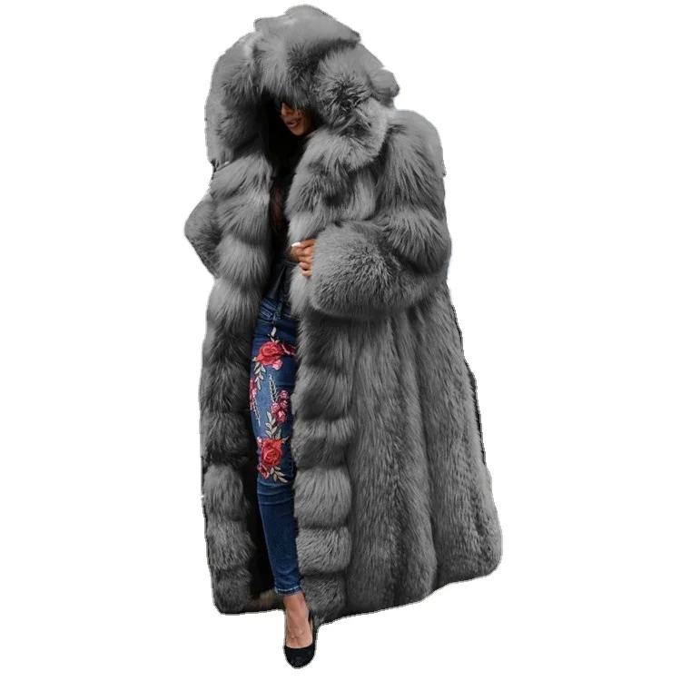 

New Faux Fur Fox Fur Hooded Coat Women High Quality Genuine jacket Thick Jackets 130cm Long Winter Warm Overcoats, Picture color