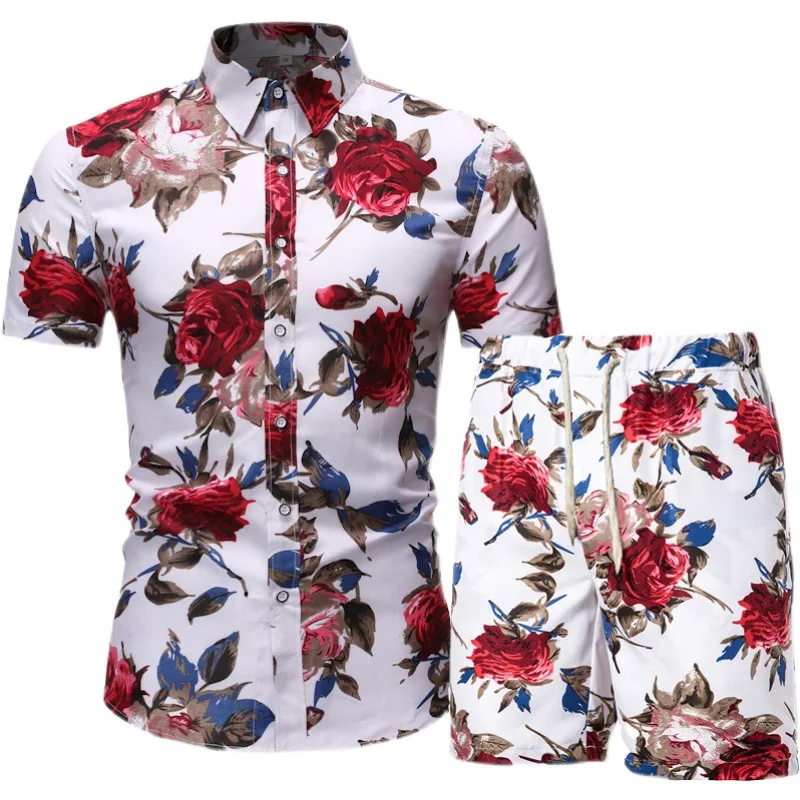 

China factory wholesale thin print short sleeved shirt shorts men beach t shirt set, Picture