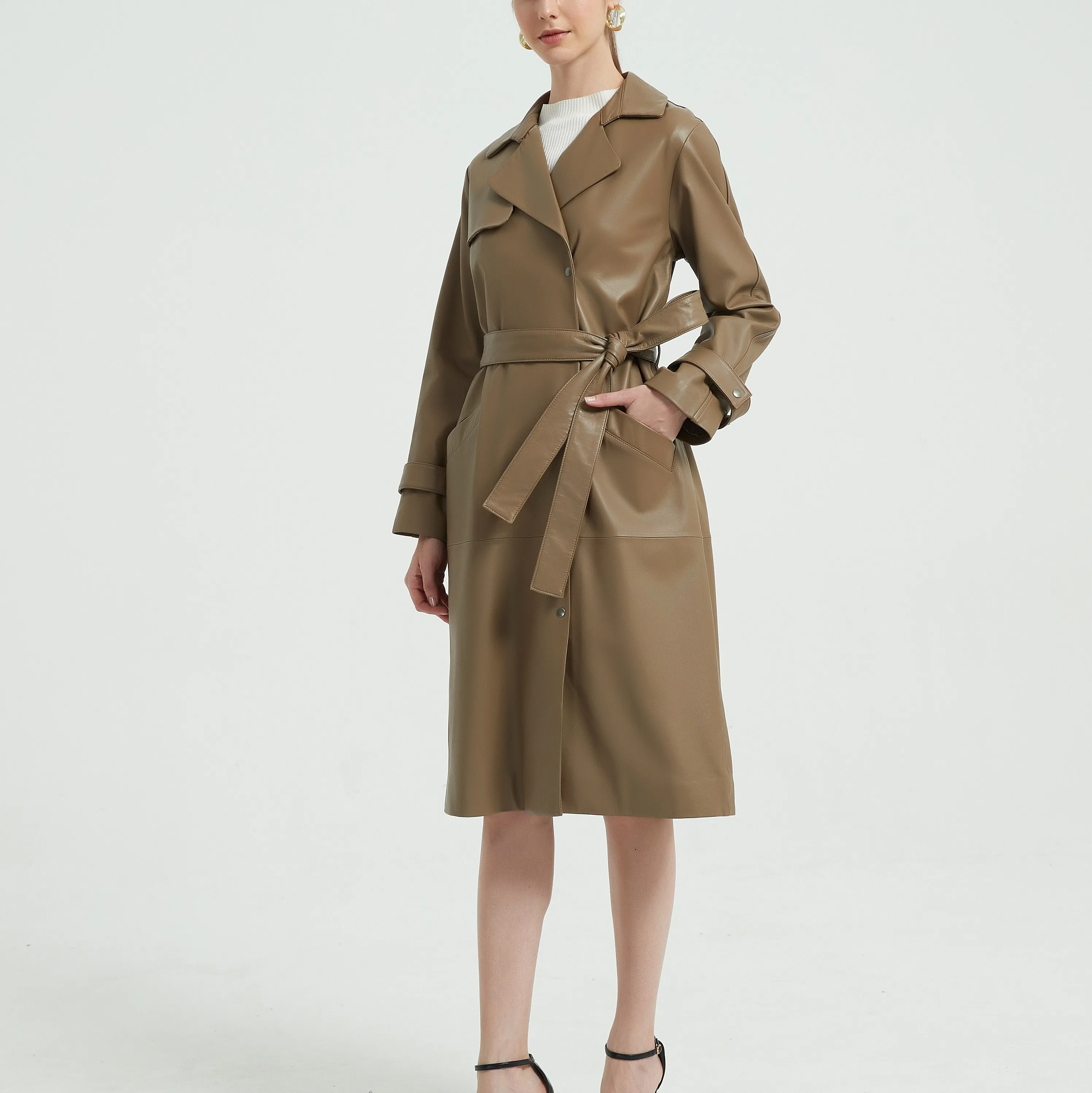 

New Design 100%Lamb Skin Brwon Trench Coat Leisure Leather Trench Coat Women Pocket Long Coats For Ladies, Brown