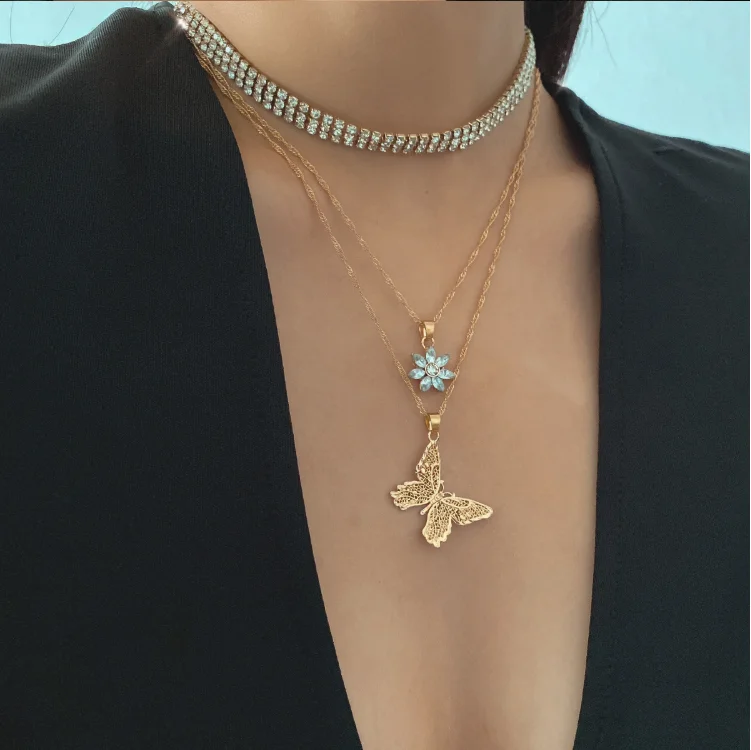 

Trendy Bling Butterfly Flower Pendant Zircon Necklace, Gold