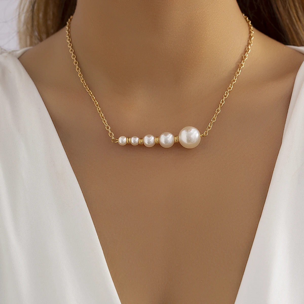 

SHIXIN Fashion Niche Design Pearl Necklace Simple Elegant Beaded Necklace Gold Silver Adjustable Pearl Choker Necklace Women's