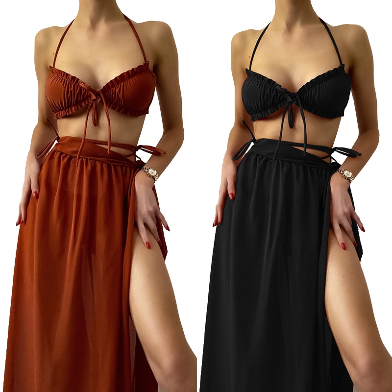 

2022 new Hot sale fashion beach skirt swimwear cover up suit strap sexy bikini high waist Strapped 3-piece swimsuit