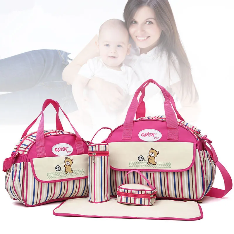 

5PCS/Set Cheap Diaper Bag Stripes Multi-functional Large Capacity Mother Baby Bag 210D Polyester Mummy Bag Diaper Pad Nappy