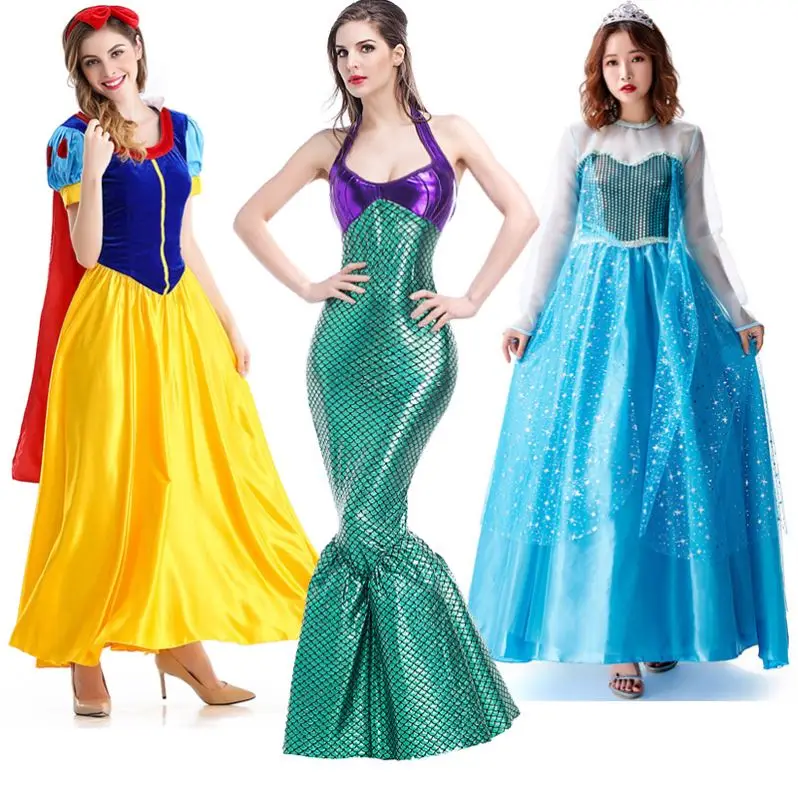 

Woman Party Dress Princess Ariel Anna Elsa Costume for Adult Belle Snow White Jasmine Aurora Cinderella Cosplay Halloween Dress