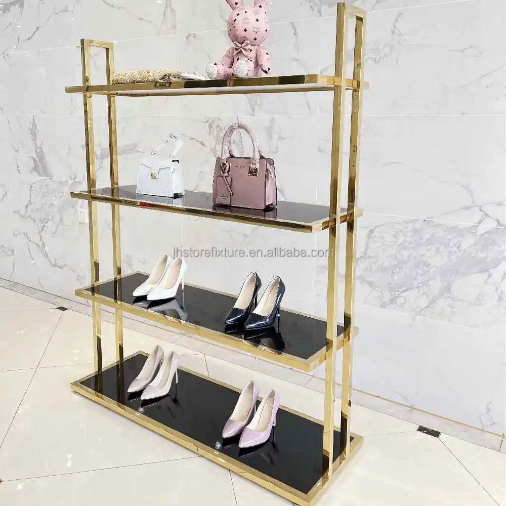 

Luxurious Gold Stainless Steel Four Layers High heel shoe display rack stand shelf For Clothes store Shelf