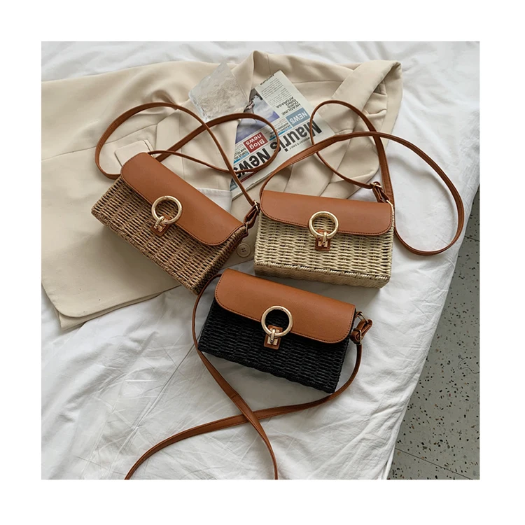 

Round Lock Lady Handbag Summer Woven Square Hand Bags New Straw Box Purses PU Patchwork Crossbody Bags Women Beach Shoulder Bags