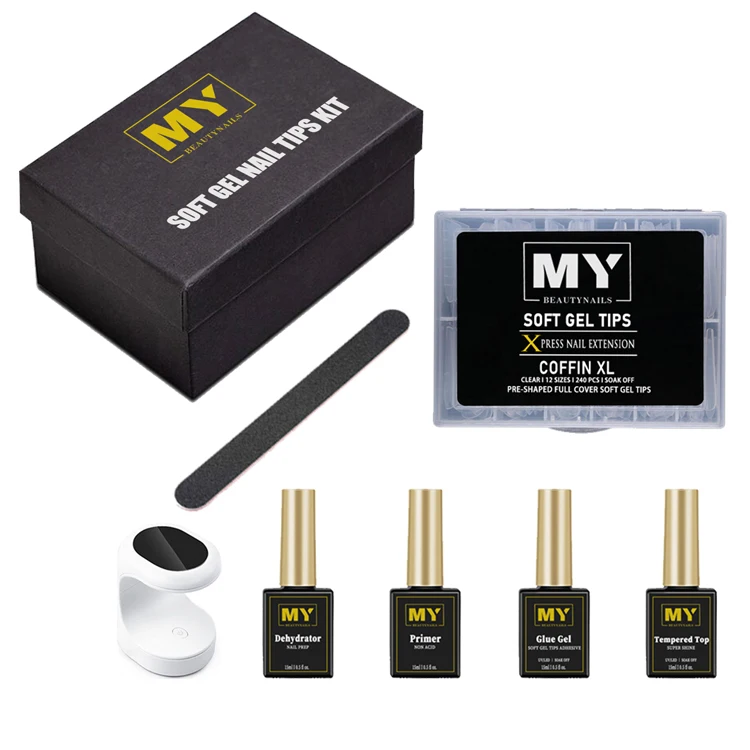 

MyBeautyNails OEM Custom Press On Soft Gel Nail Tip Extension Starter Kit Gel Glue Gel X Nails Tips Kit, Clear gel tips