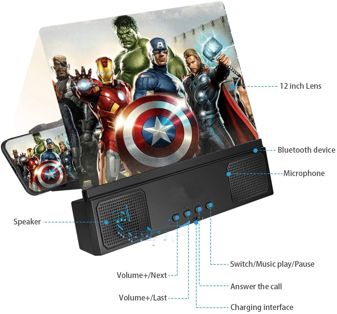 
12 inch 3D TV phone screen amplificador para celular,Cell mobile phone screen magnifier with Bluetooth speaker 