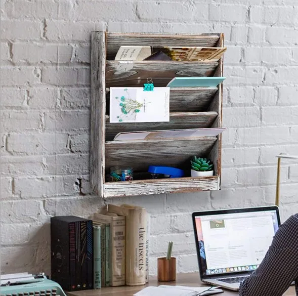 

Hot Sale Rustic Torched Wood Wall Mounted Magazine Rack Documents Organizer,wall mounted mail holder wooden mail sorter