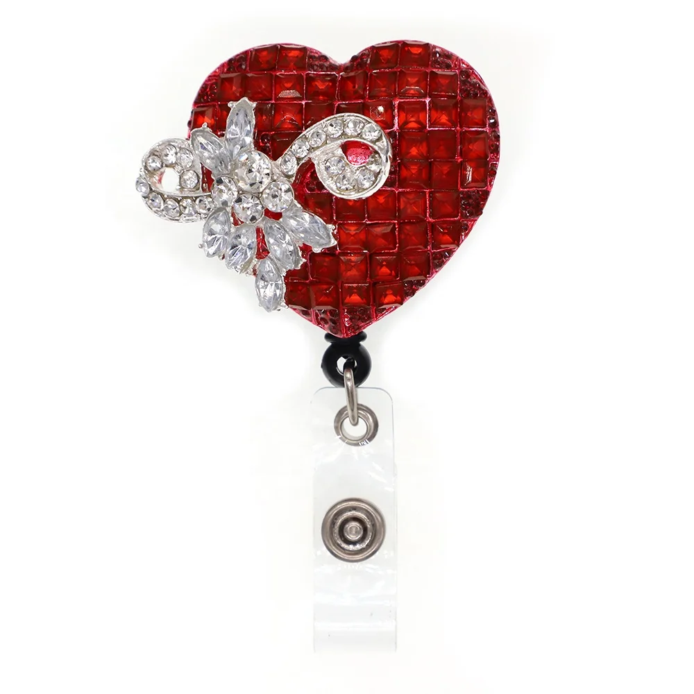 

GuangZhou Brand New Red And Blue Rhinestone Bow Heart Shape Retractable id Badge holder Nurse badge reel, Picture