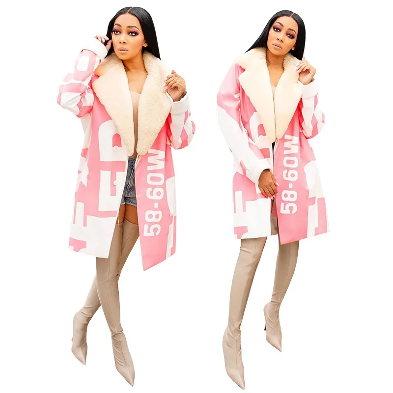 

New Fashion Letter Printed Turn-down fur Collar V-neck Single-breasted autumn and Winter Overcoat jacket long womens coat