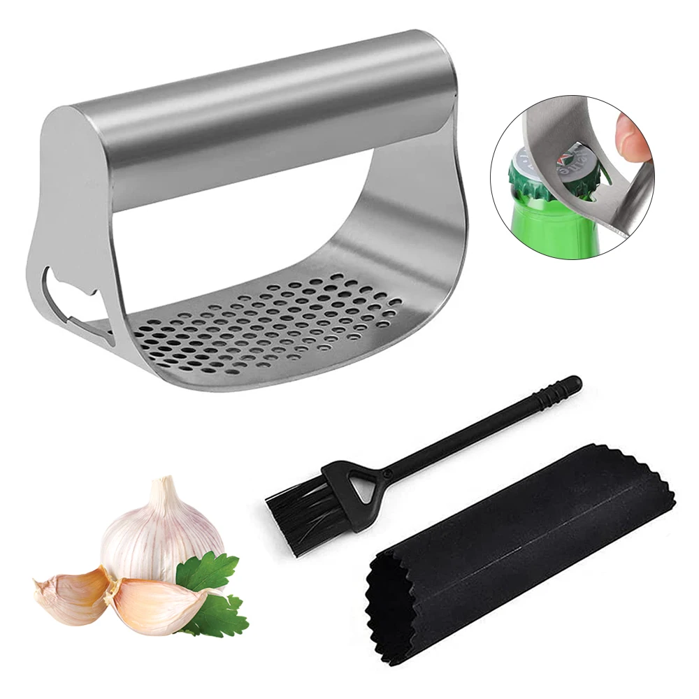 

Kitchen Accessories Metal 2 In 1 New Garlic Press Crusher Manual 304 Stainless Steel Garlic Press Rocker Set With Silicone Peele