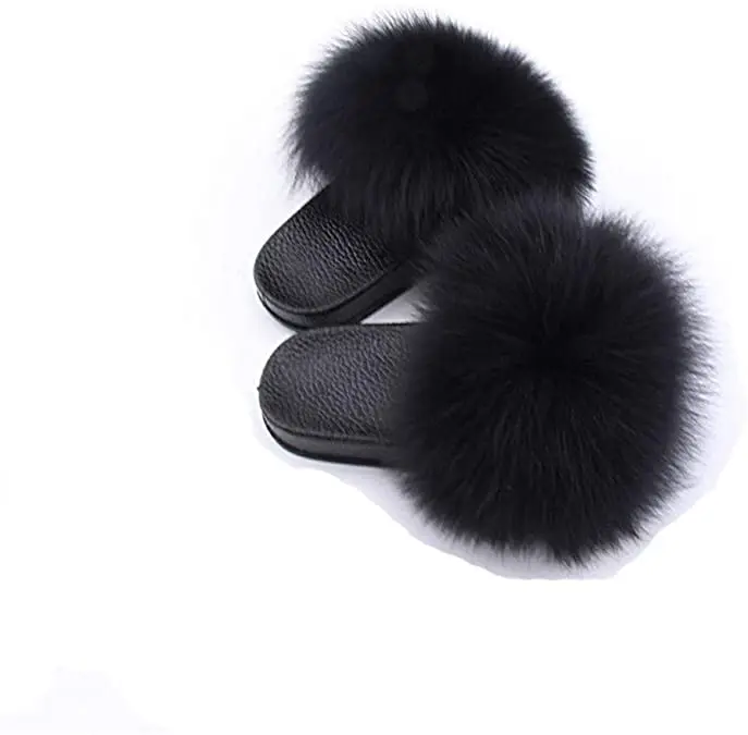 

2022 Wholesale Customized Big Cute Fluffy Furry Large Women Faux Fox Fur Slides, Brown