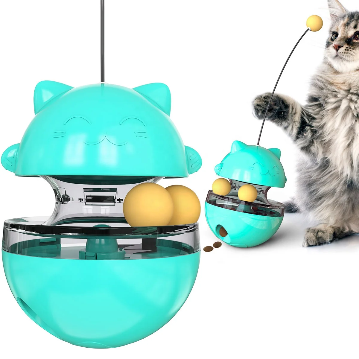 

Secure funny cat stick turntable ball tumbler rotating biting leaky ball rolling interactive intelligence cat scratch soft toys, Blue yellow green pink red