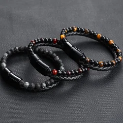 Men Magnetic Clasp Beaded Bracelets Jewelry Black Genuine Leather Natural Stone Tiger Eye Bracelet