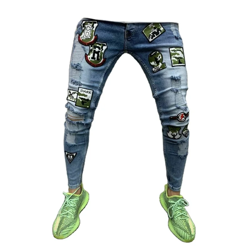 

Custom Streetwear Jeans Men's New Ripped Camouflage Patch Skinny Fashion Stretchy Casual Denim Trousers, Blue jean pants