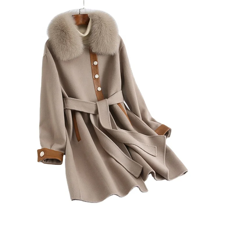 

Pudi Women Winter Real Fox Fur Coat Jacket 2021 Female Lady Over Size Wool Blends Parka Trench Cape Z21186