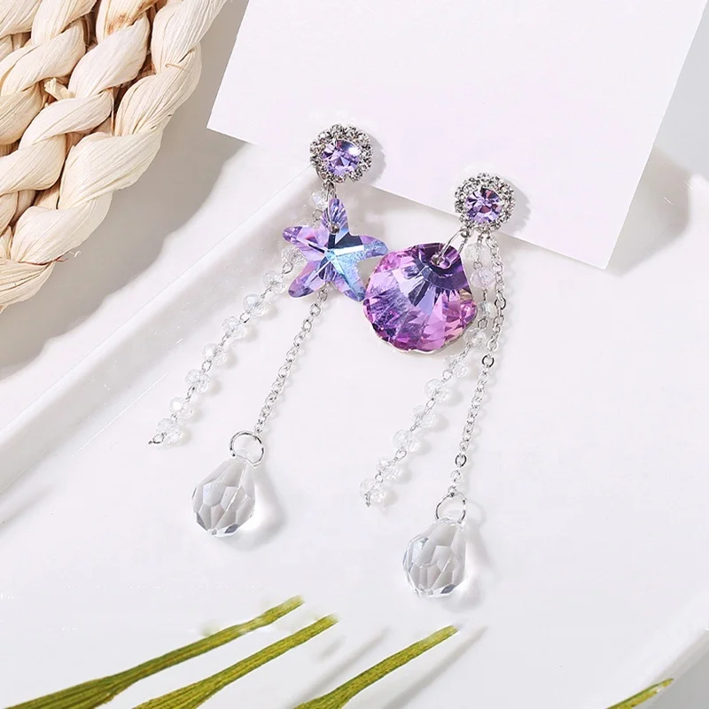 

Fashion Purple Crystal Asymmetry Dangle Earrings For Women Girls Long Statement Tassel Earrings Exquisite Gift