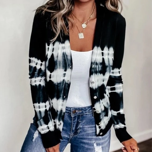 

Custom Floral Ladies Casual Loose Top Woman Tie Dye Knitted V Neck Knitwear Girl Cardigan Sweater, Customized color
