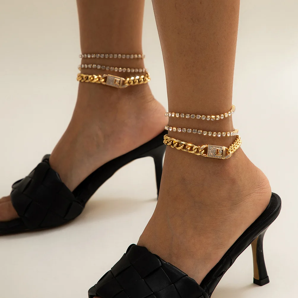 

Summer Trendy Barefoot Jewelry Claw Setting Diamond Tennis Chain Anklet Gold Plating Curb Chain Ankle Bracelet For Women