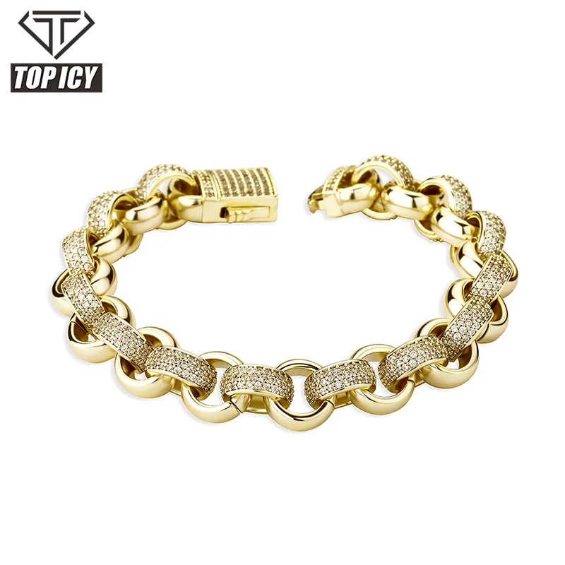 

Hot Sale Bracelet Luxury 12mm O Shape Cuban Link Chain Gold Plated Jewelry Crystal Bracelet, Gold/ white gold
