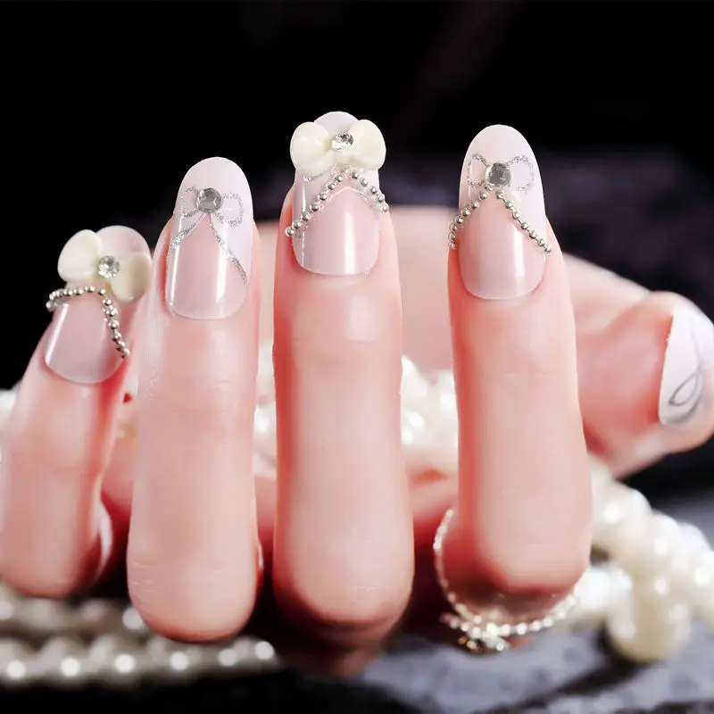 

24pcs white false nail bowknot rhinestone decoration long ballet nail wearable artificial fingernails