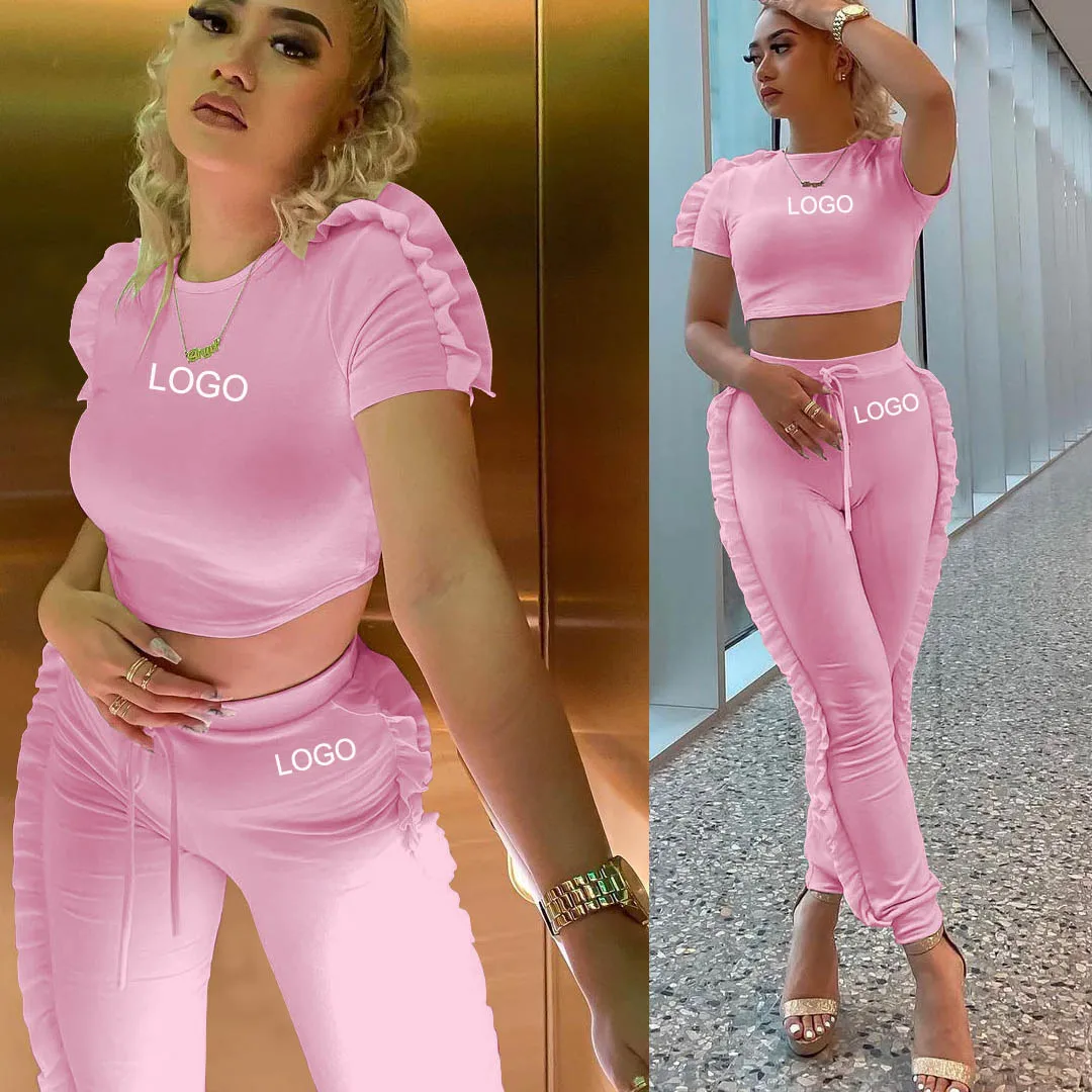 

custom Women 2 piece sweatsuit plain short sleeve crop top shirt panty sets skinny plus size women's clothes pants sets 2022