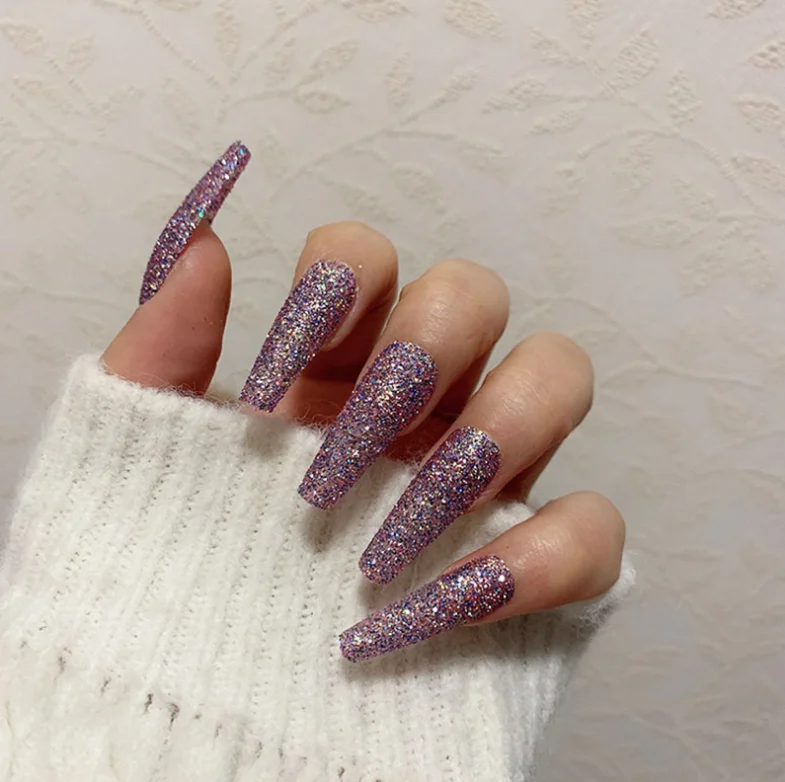 

2021 False Shiny Fake Nails With Glitter Nails Artificial Fake Short Fingernails 24pcs Press On Nail Full Cover, As image show