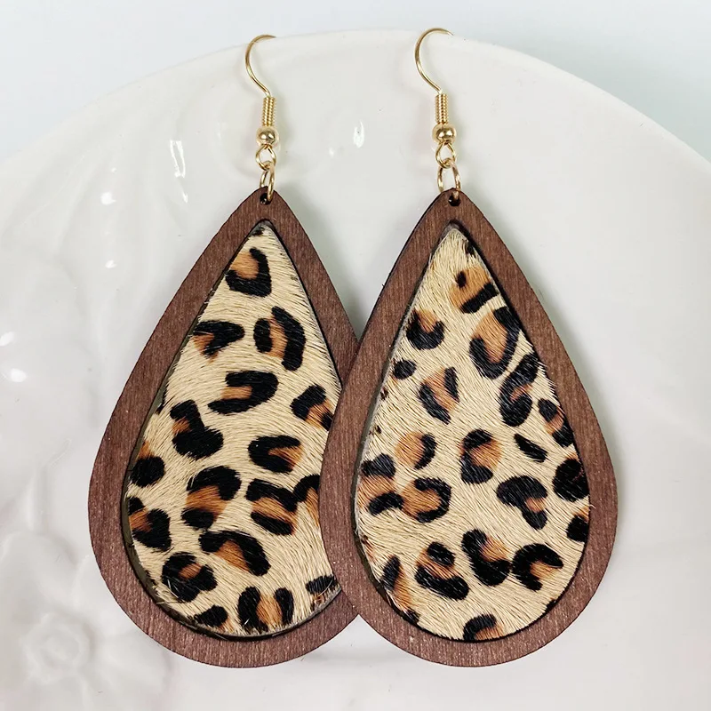 

Teardrop Genuine Leather Earrings for Women Horse Hair Leopard Cow Color Wood Pendant Water Drop Earrings Texture Jewelry
