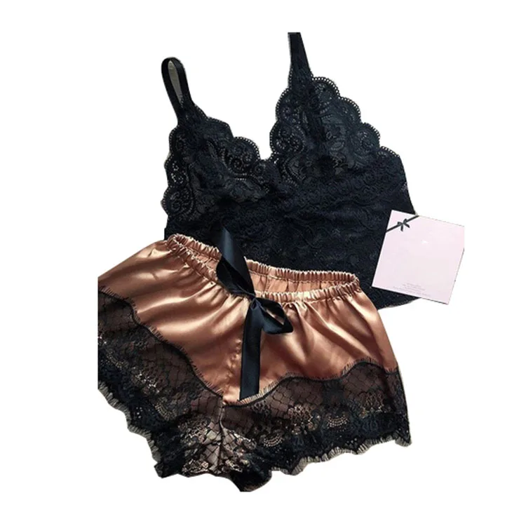 
Sexy lace satin lingerie two piece set women pajamas sleepwear 