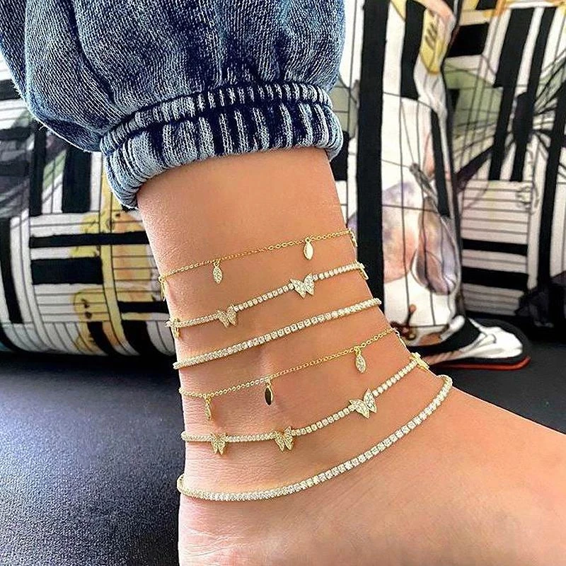 

2021 Summer beach minimal dainty fashion women 21+5cm tennis chain cz butterfly charm anklet jewelry