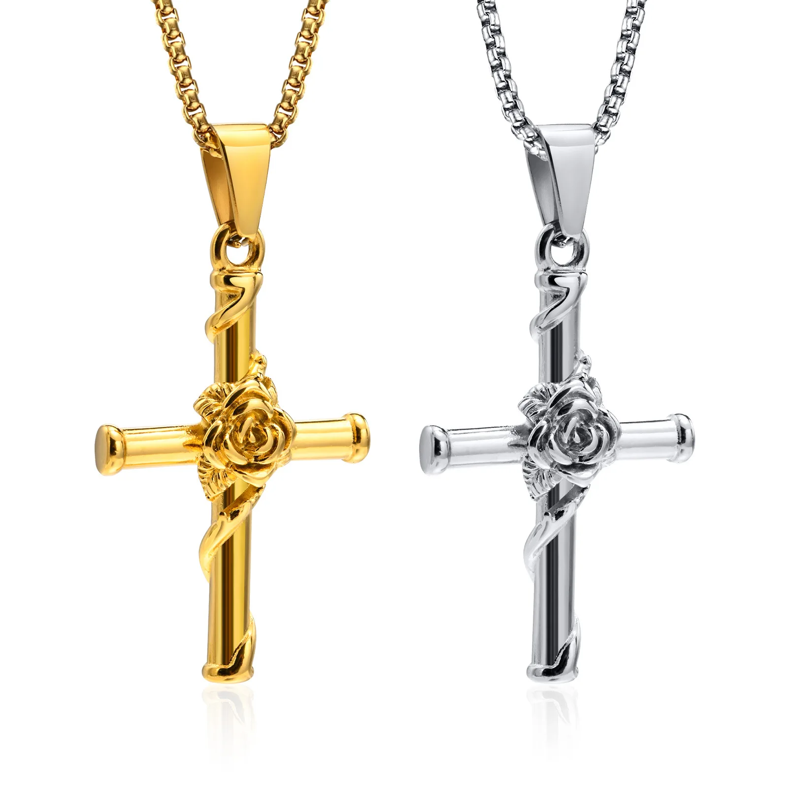 Hip hop stainless steel rose flower religion cross pendant necklace for men 2022