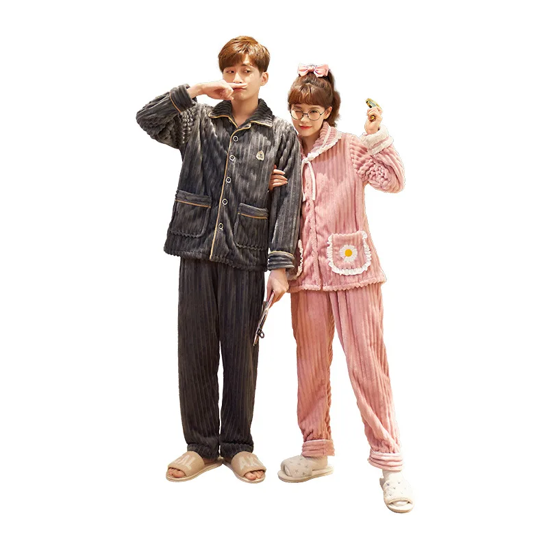 

Autumn/winter Coral Velvet Couple Pajama Men's Winter Plush Plus Thick Pajamas Ladies Frankincly Velvet Home Clothing Set