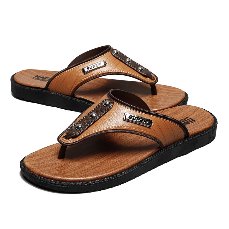 

2020 hot products summer outdoor casual flip-flops PU slippers for men, Brown, yellow