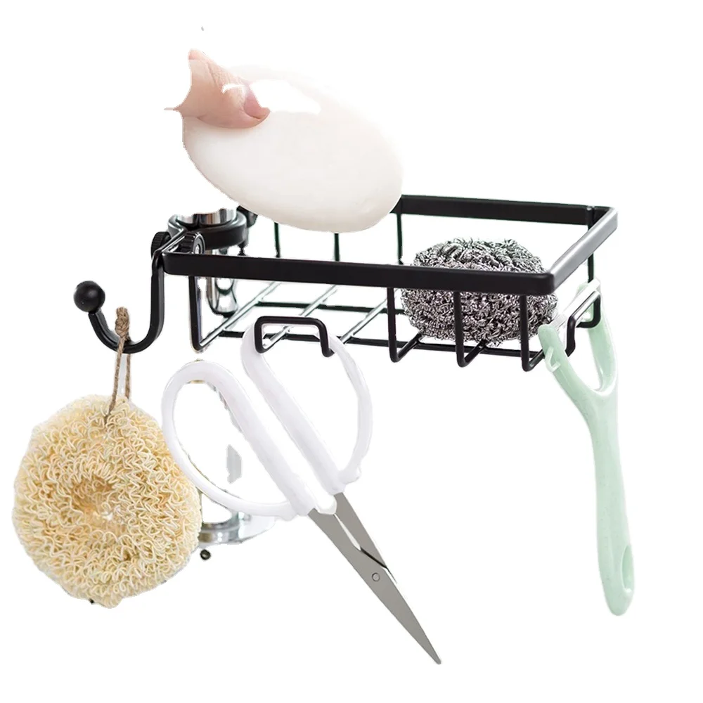 

Jx- Faucet Sponge Holder Kitchen Sink Or Shower Caddy Basket With Hook Cleaning Brush Soap Dishwashing Liquid Drain Rack - Black