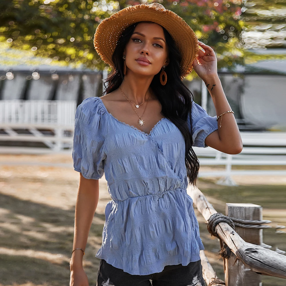 

Summer Women's Fashion Bubble Sleeve Solid Color Slim V-neck Short Sleeve T-shirt, As show