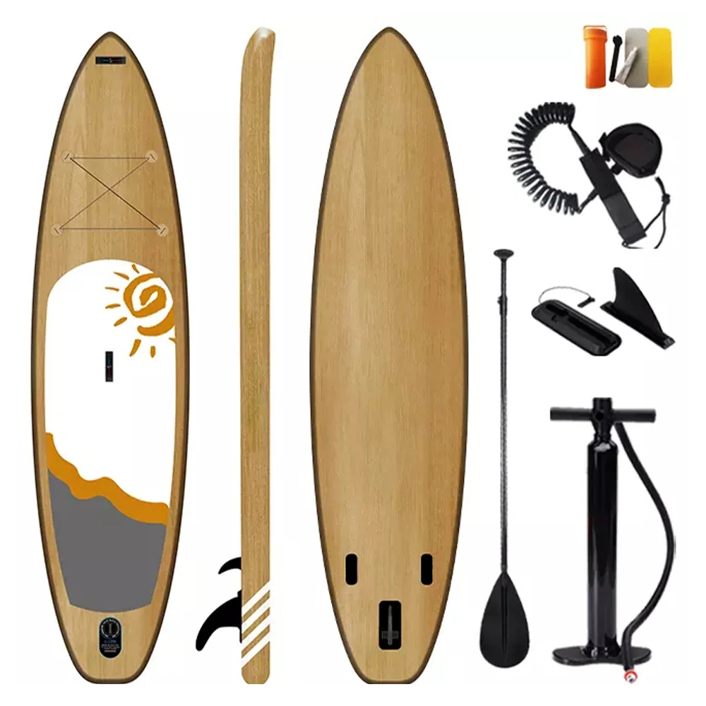 

FunFishing Hot Wholesale Wood Grain PVC Paddle Board Standup Inflatable Surfboard, Customized