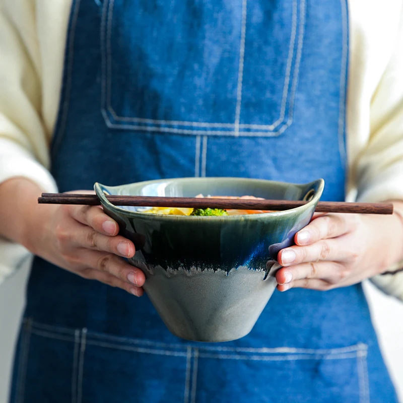 Japanese Blue Chopsticks Rack Glazed Deep Noodle Ceramic Bowl