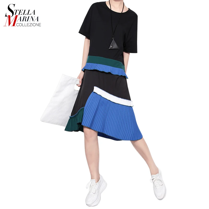 

2019 Women Summer Black Blue Patchwork Sun Dress Short Sleeve Pleated Hem Girls Cute Kawaii Midi Dress Casual Style Vestido
