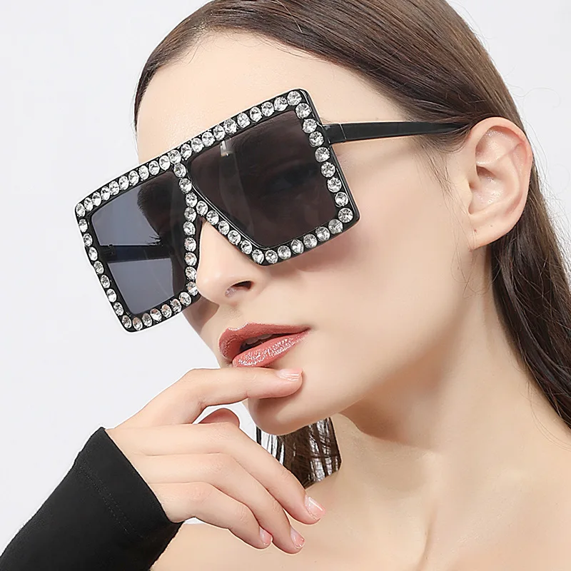 

Fashion 2020 Oversized Square Bling Bling Diamond Crystal Rhinestones Women Shades Sunglasses