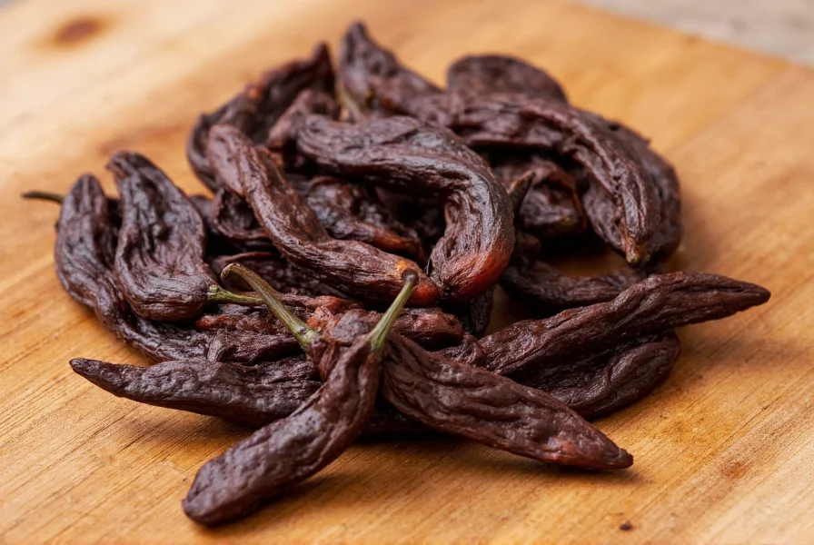 Close-up photograph of dried chili pasilla peppers showing their characteristic dark brown color, wrinkled texture, and elongated shape on a wooden cutting board