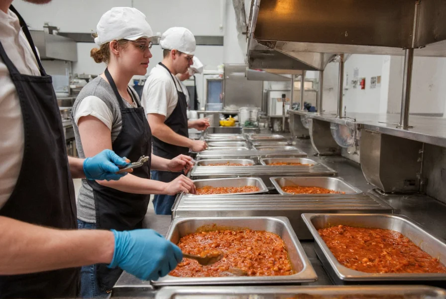 Industrial kitchen setting showing staff portioning cafeteria chili into steam table pans for service