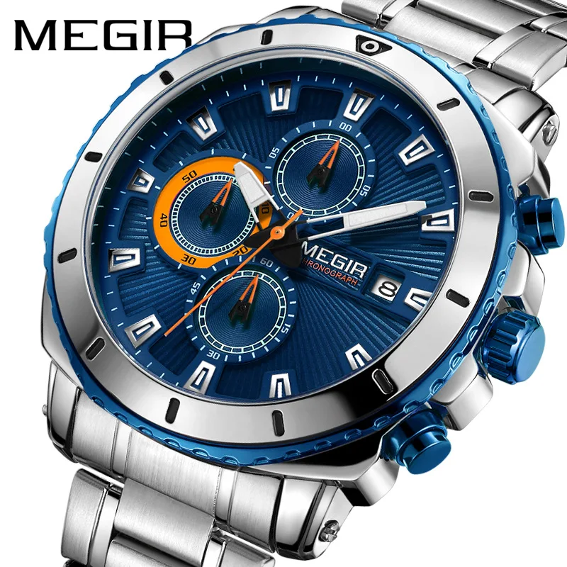 

MEGIR 2075 Men Hot Sell New Fashion Megir Mens Watches Stainless Steel Customs Quartz Date Wristwatches Relojes Hombre